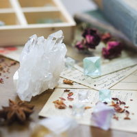 透明なクリスタルと魔法薬の材料が散らばる自然素材の配置の写真