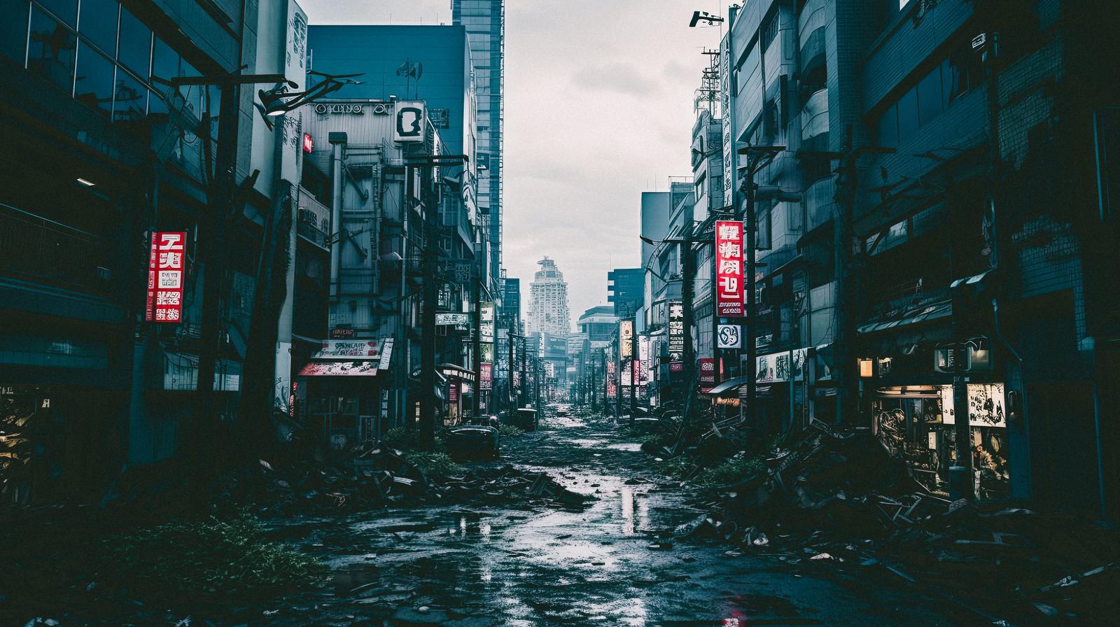 雨に濡れた道路と廃墟のような建物が立ち並ぶ世紀末風の荒廃した都市