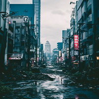 雨に濡れた道路が広がる世紀末の荒廃した都市の壮絶な風景の写真