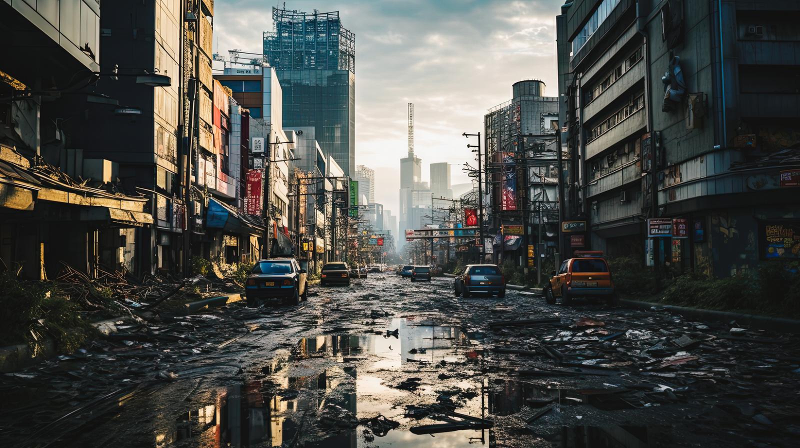 瓦礫が散乱した荒廃した街の道路を描いたポストアポカリプス風景