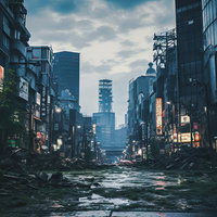 瓦礫が散乱する世紀末風の荒廃した街の道路のAI画像