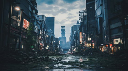 瓦礫が散乱する世紀末風の荒廃した街の道路