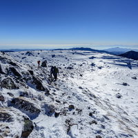 標高2578m、アイスバーン上の氷がへばりつく日光白根山山頂の写真