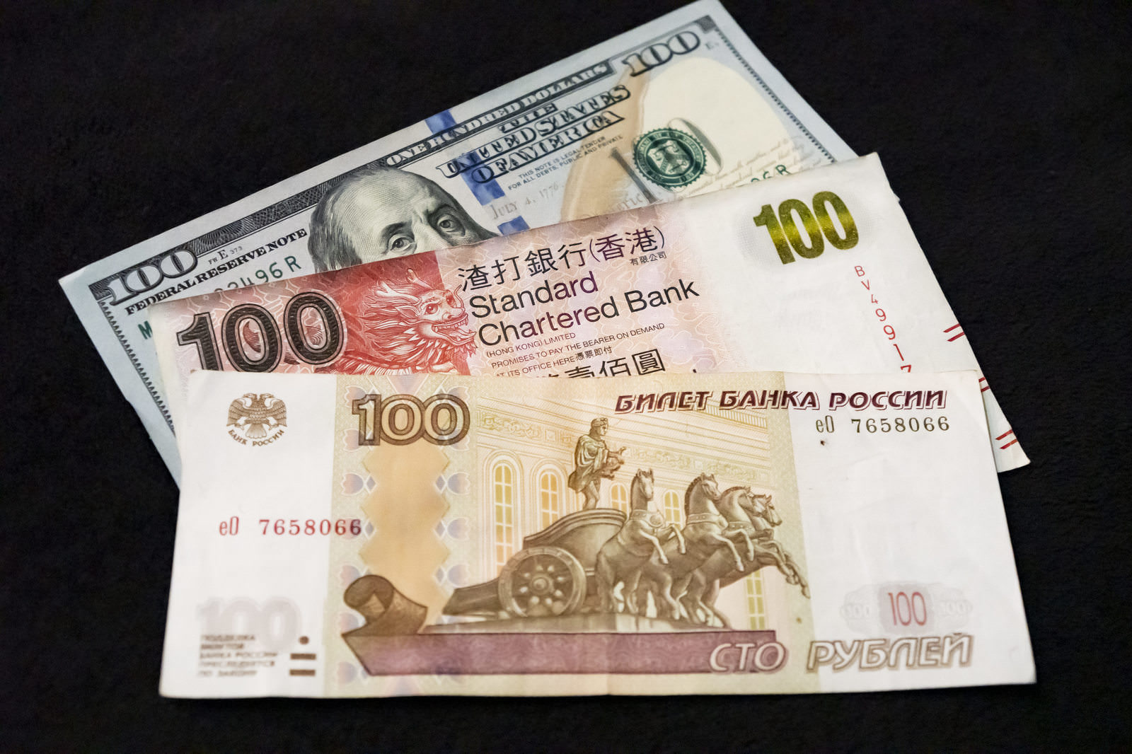 100露ルーブル、100香港ドル、100米ドルの紙幣が並んで配置されている