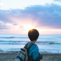 日没の太陽を眺める子どもの後ろ姿の写真