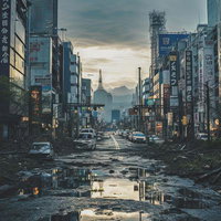 世紀末の荒廃した街並みに散らばる瓦礫と廃墟の写真