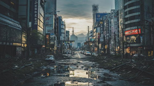 世紀末の荒廃した街並みに散らばる瓦礫と廃墟