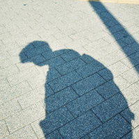 昼間の晴天下で電柱と人の影が落ちた舗装道路の写真