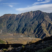 上高地の入り口から望む霞沢岳と焼岳の山並みの写真