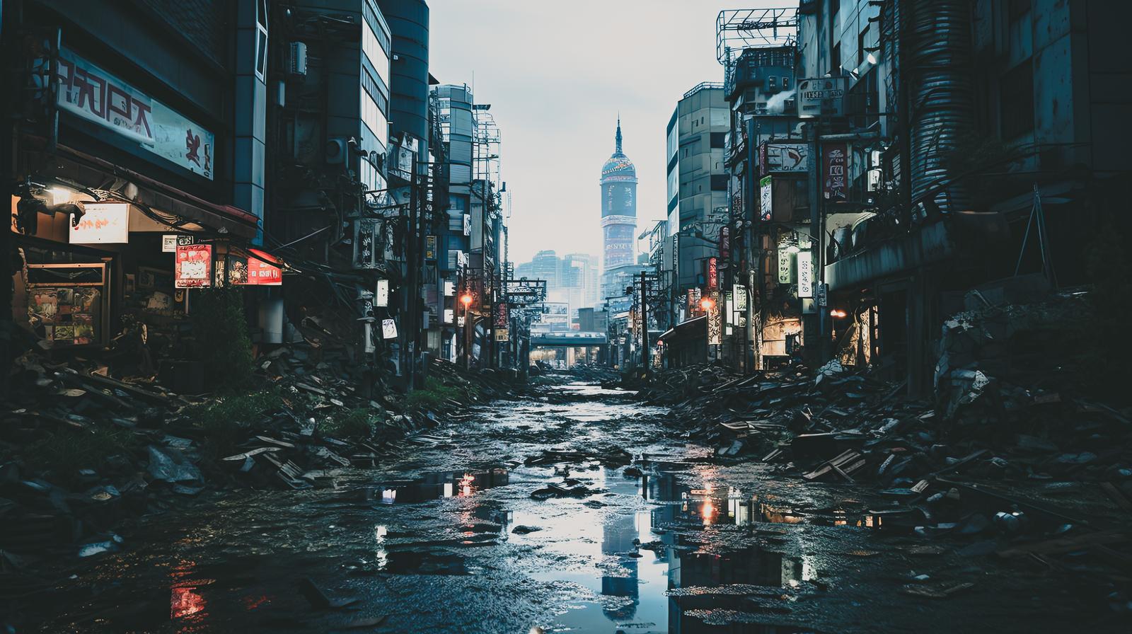 Debris-strewn commercial district at dusk, with puddles reflecting the fading light
