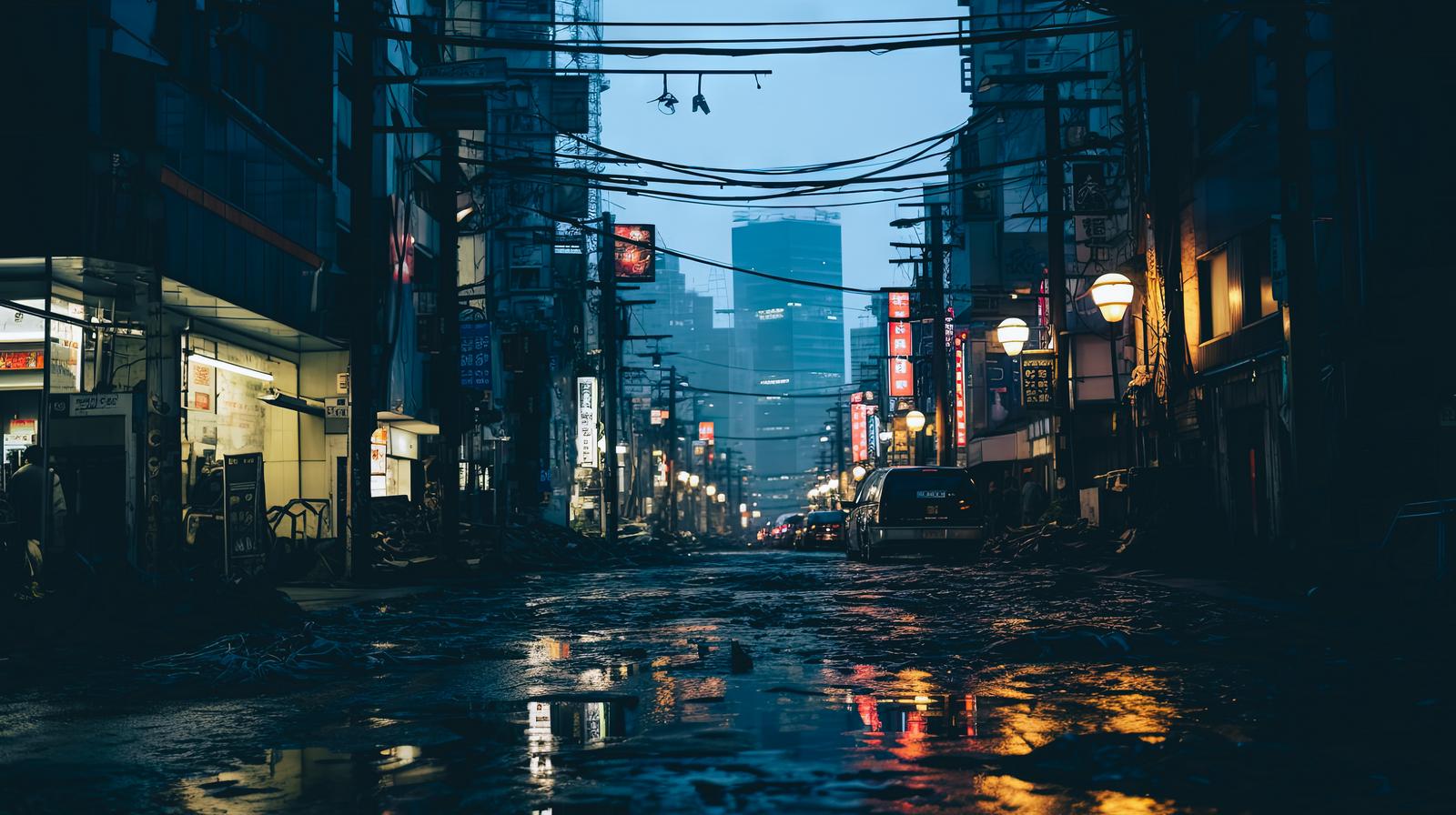 夜の都市風景、水溜りに映るネオン灯と建物、電線が張り巡らされた空