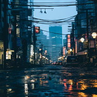水溜りに映る夜の終末都市風景、ネオンと廃墟の光の写真