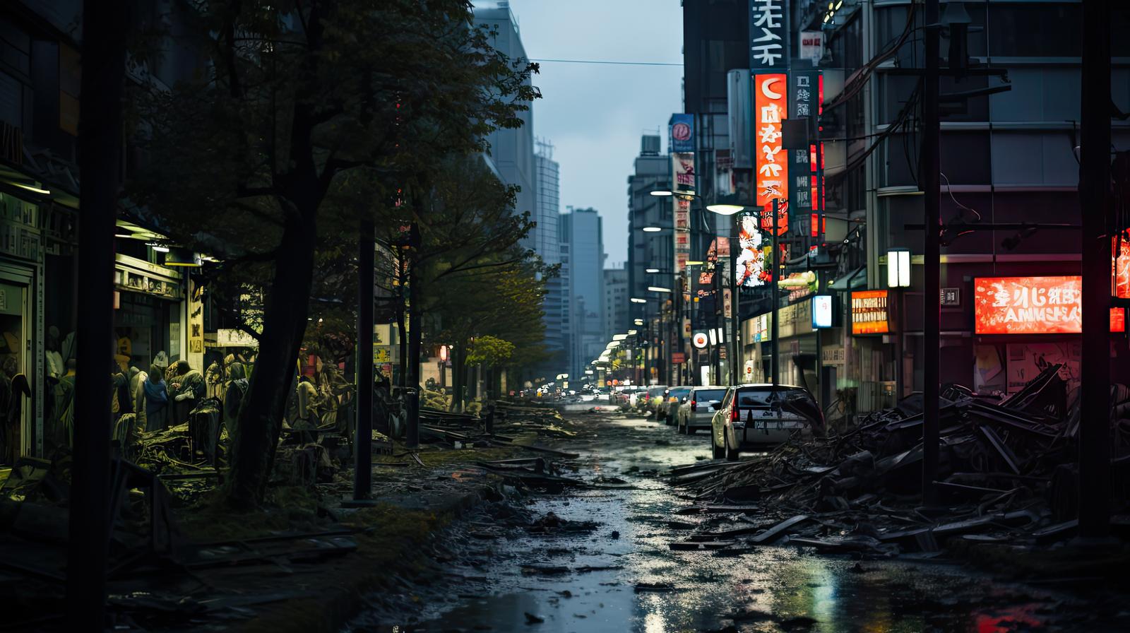 世紀末の浸水都市で瓦礫が散乱し、ネオンサインが発光する荒廃した街路