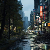 世紀末の浸水で瓦礫が散乱する荒廃した都市部の写真