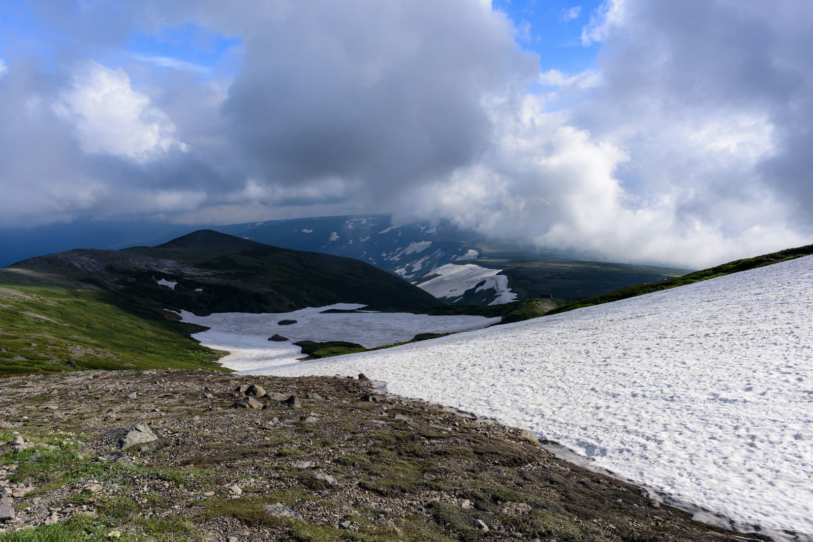 大雪山の稜線に続く雪渓の道、背景にトムラウシ山方面の山々と雲海
