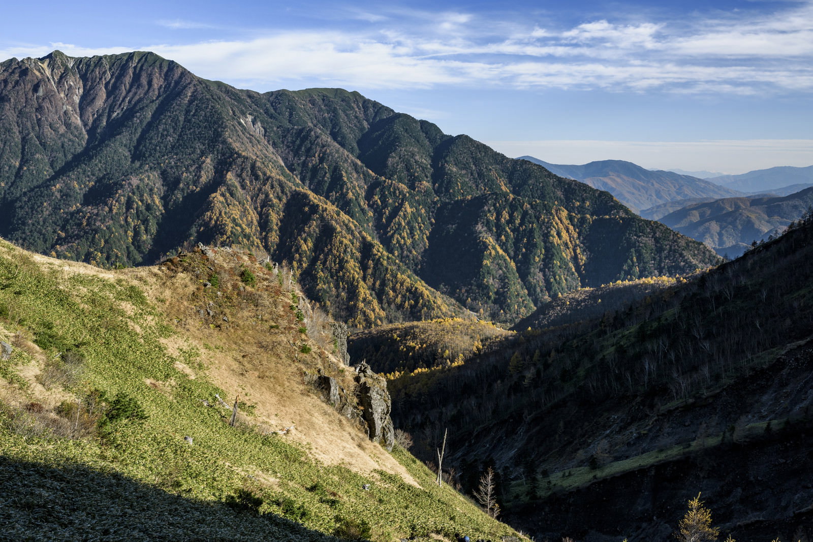 黄金色のカラマツ紅葉と重なり合う山々の稜線を望む霞沢岳の秋の風景