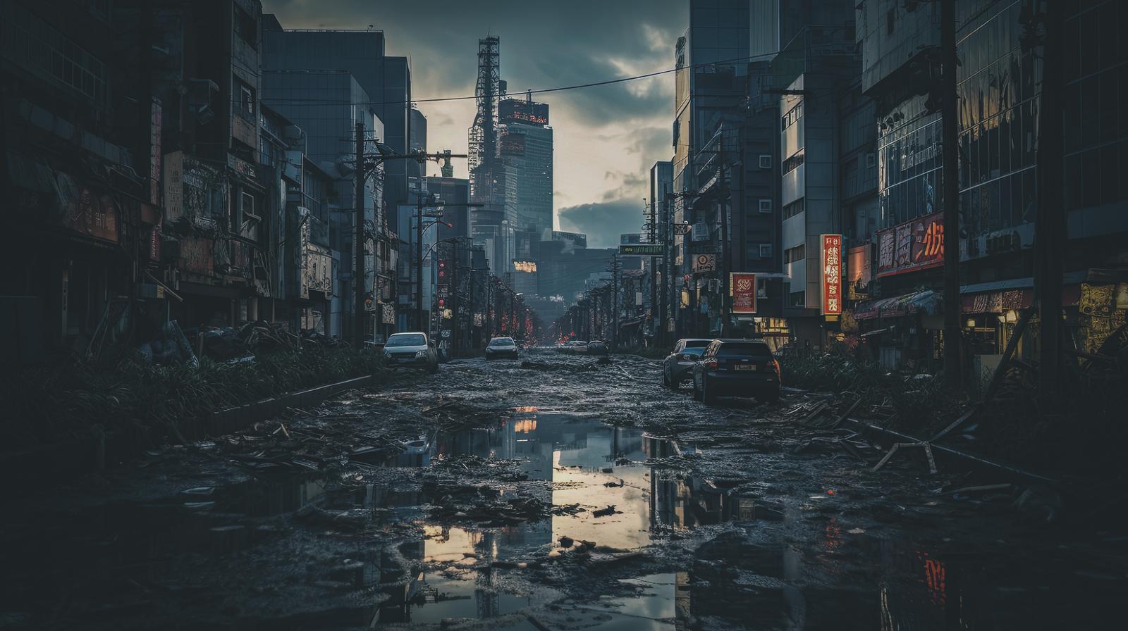 瓦礫と水溜りが広がる終末風の荒廃した街路