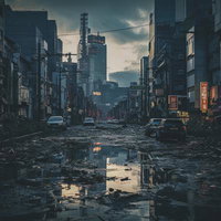 終末世界の静かな朝、水溜りに映る荒廃した街並みの写真