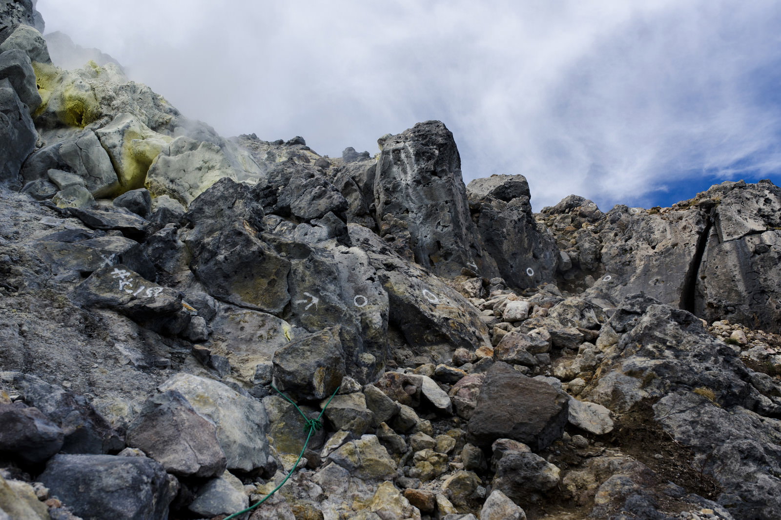 大小の岩石が散らばる焼岳の険しい登山道を捉えた山岳風景
