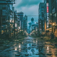 暗がりの中で見る世紀末の荒廃都市の写真