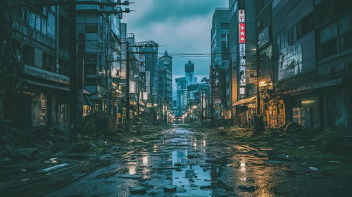 暗がりの中で見る世紀末の荒廃した街並みと水溜りに映る破壊された都市風景