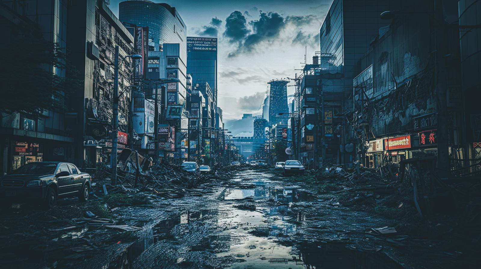 瓦礫と水溜りが散乱する荒廃した世紀末風の街並み