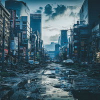 世紀末の街の崩壊後、瓦礫と水溜りが残る荒廃した道路の写真