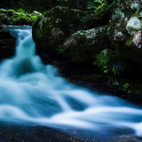 岩間を流れる水源、白賀渓谷の滝と清流。秘境の渓谷の写真