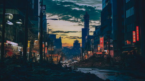 夕暮れ時の世紀末風の荒廃した街並み、瓦礫と破壊された道路