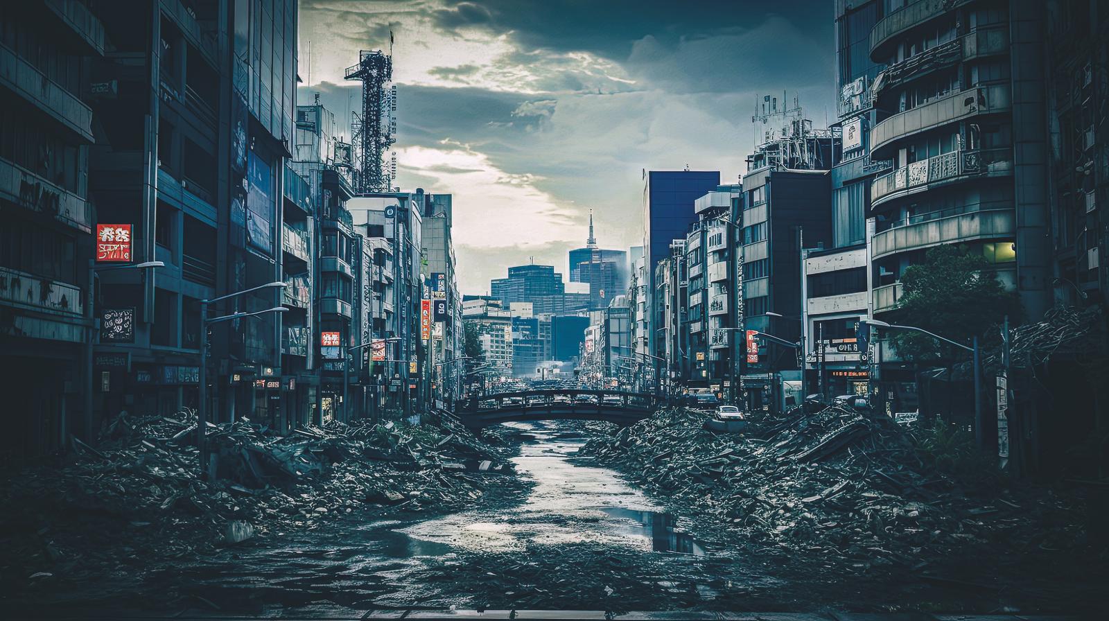 瓦礫と廃墟で埋め尽くされた世紀末風の都市風景