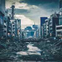 瓦礫に包まれた世紀末の都市風景 - 荒廃した高層ビル群と崩壊した道路の写真