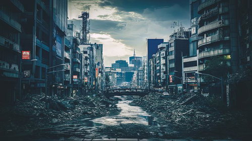 瓦礫に包まれた世紀末の都市風景 - 荒廃した高層ビル群と崩壊した道路
