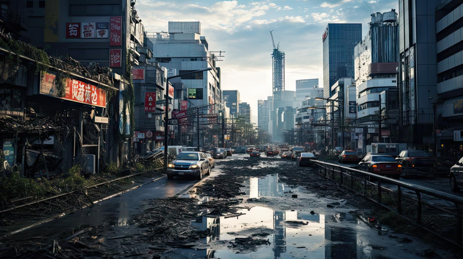 廃墟と化した都市街道に水溜りと瓦礫が散在する終末世界
