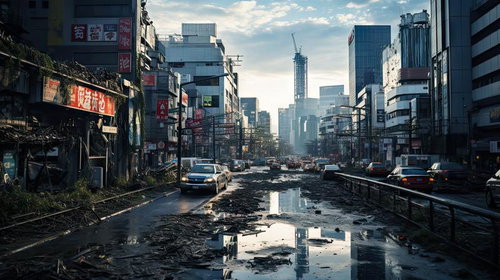 終末後の荒廃した街を越えて進む廃墟と瓦礫