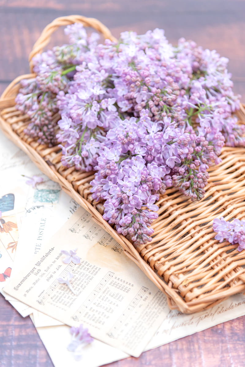 竹製のトレーに飾られた薄紫色のライラックの花束