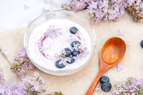 ライラックの花に囲まれたブルーベリーヨーグルト
