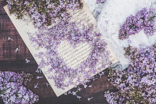 白抜きのハートと紫のライラック、手紙に散る花びら