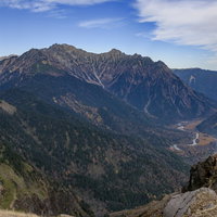 焼岳山頂から見る穂高岳と上高地方面の雄大な山並みの写真