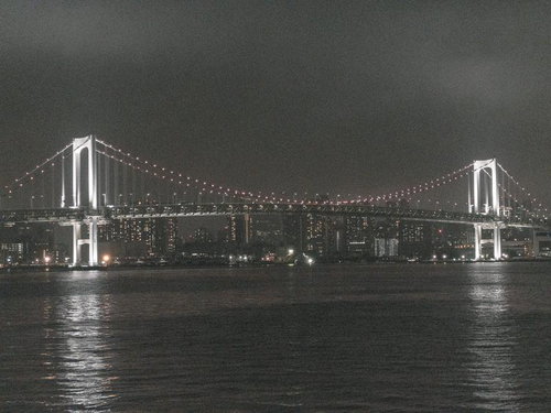 深夜のレインボーブリッジを高感度撮影した東京湾の夜景