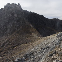 焼岳山頂の岩稜帯を歩く登山者の登山風景の写真