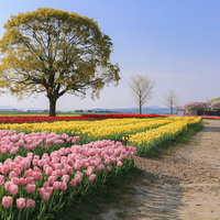 朝日に照らされるチューリップフェア会場の満開の花畑の写真
