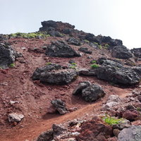 大雪山・旭岳の真っ赤な登山道と岩場・黒い岩が点在する斜面の写真