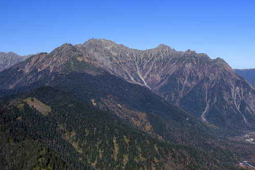 要塞のような穂高岳と焼岳の山々、北アルプスの雄大な岩峰稜線