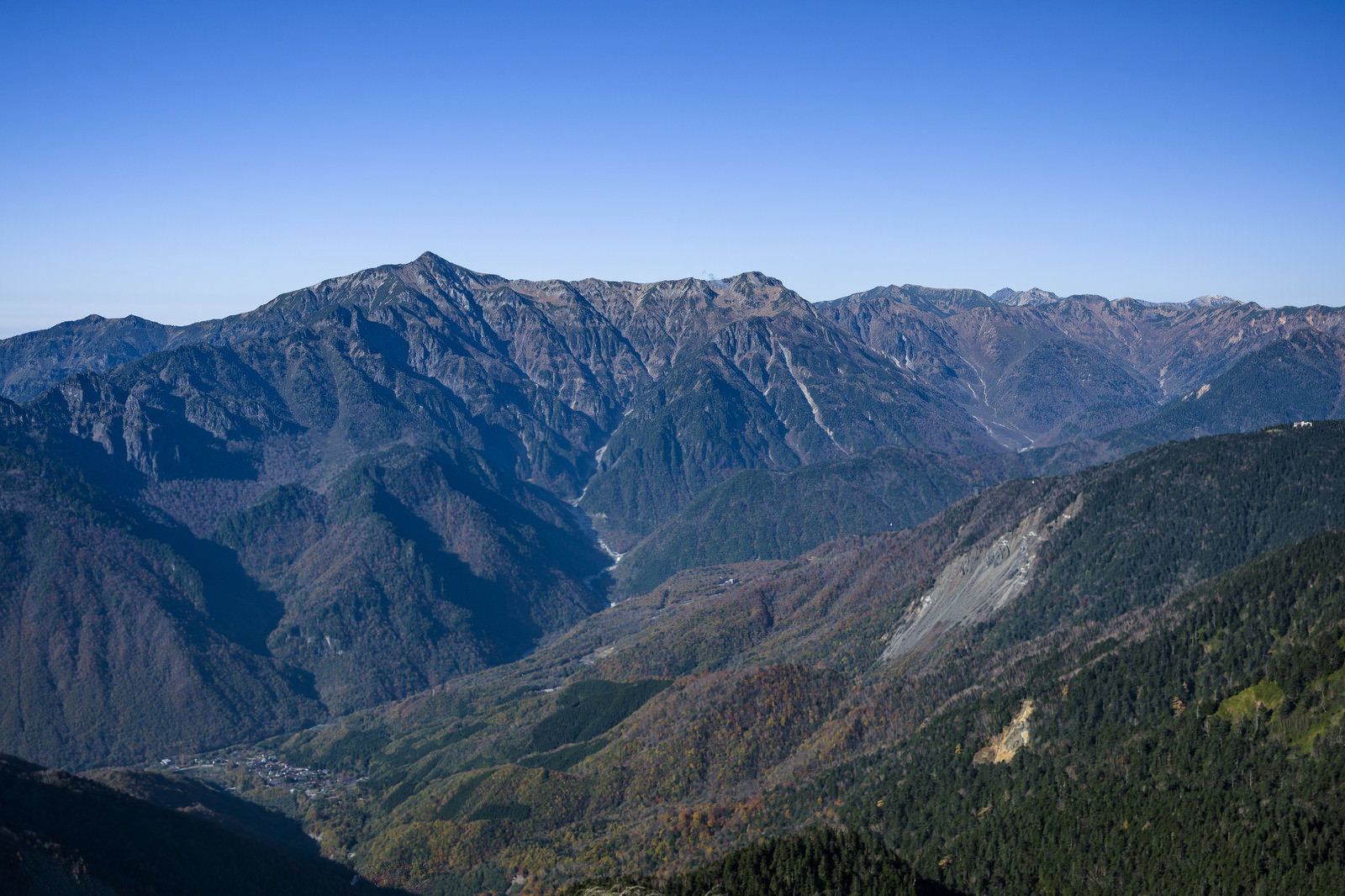 青空の下に連なる笠ヶ岳の雄大な稜線と深い谷の山岳風景