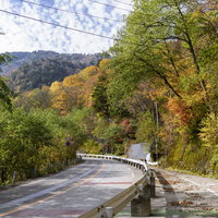 黄葉に囲まれた上高地入り口から望む焼岳と北アルプスの秋景色の写真