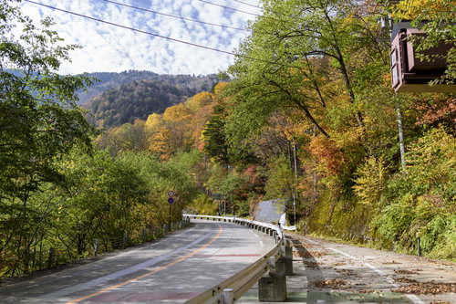 黄葉に囲まれた上高地入り口から望む焼岳と北アルプスの秋景色