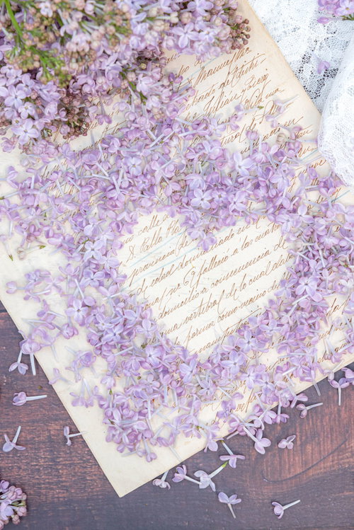 ライラックの花で埋もれたハートから覗く手紙