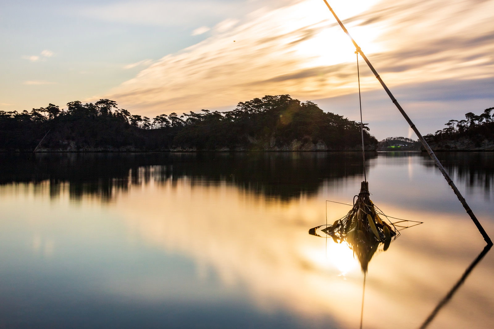 朝焼けの光に照らされた松島の海に立つ竹竿と水面の反射