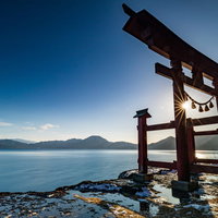 西日を浴びて青空を背景に立つ湖畔の鳥居の写真