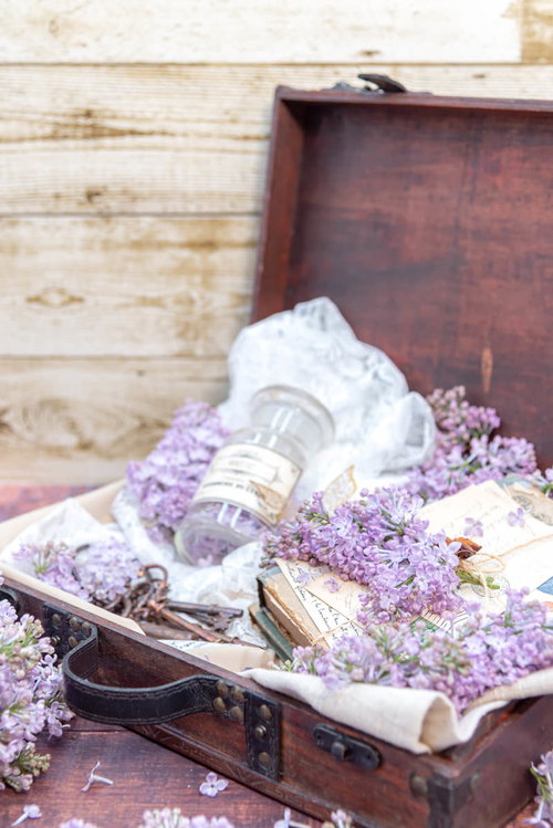 トランクケースに溢れるライラックと洋書、葉書